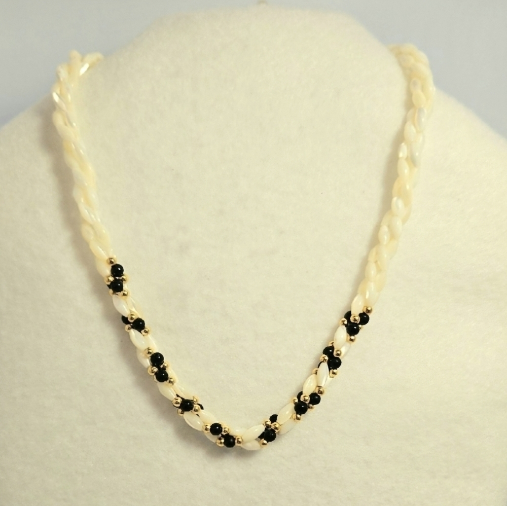 Vintage Style Ivory Faux Pearl Black & Gold Beaded Twisted Torsade Necklace 1960